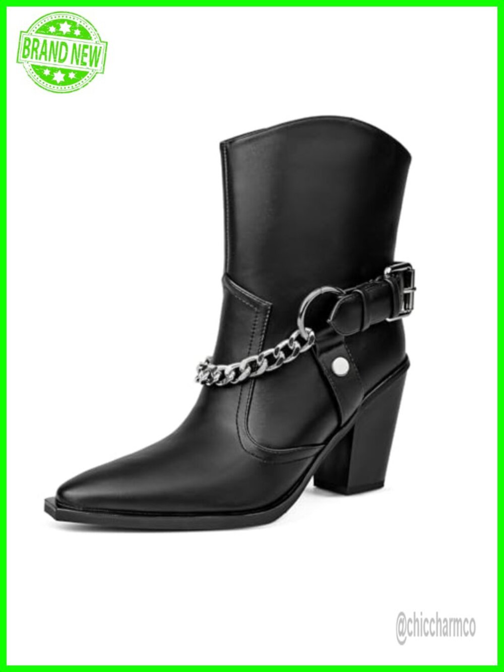 Faux Leather Chunky Heel Ankle Bootie with Pointed Toe